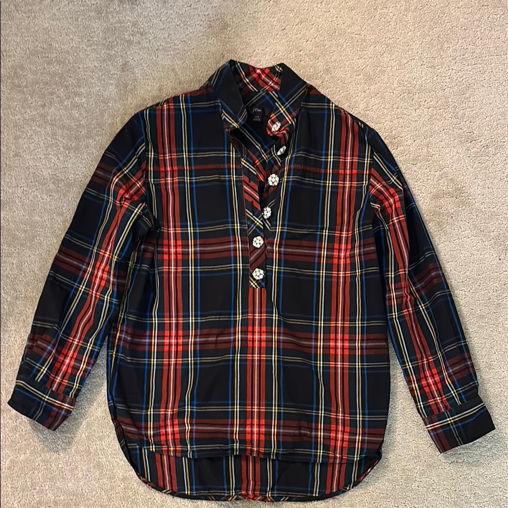 J. Crew Rhinestone Plaid Button Down Shirt - Red, Blue, and Yellow